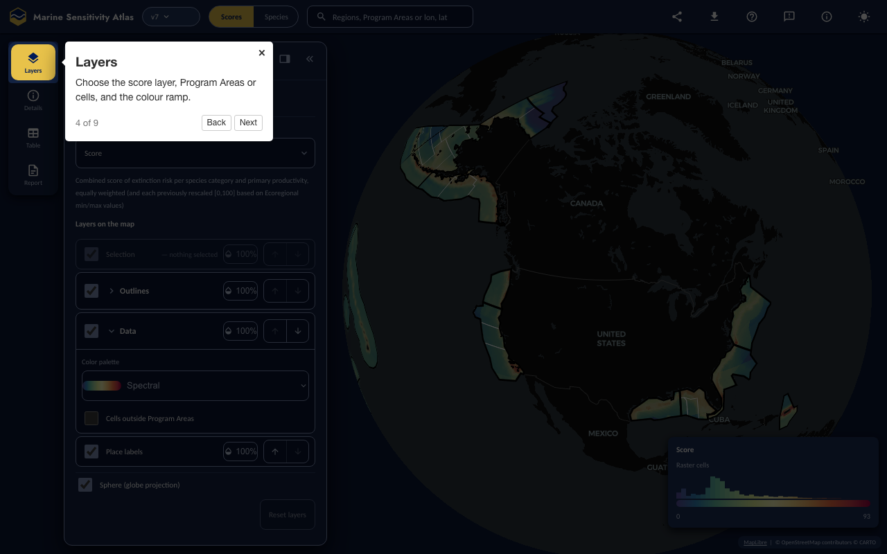 Step 4: Layers — the Atlas with the control it describes highlighted and the tour popover open.
