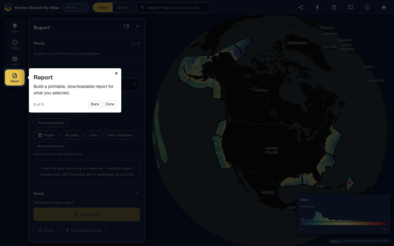 Step 9: Report — the Atlas with the control it describes highlighted and the tour popover open.