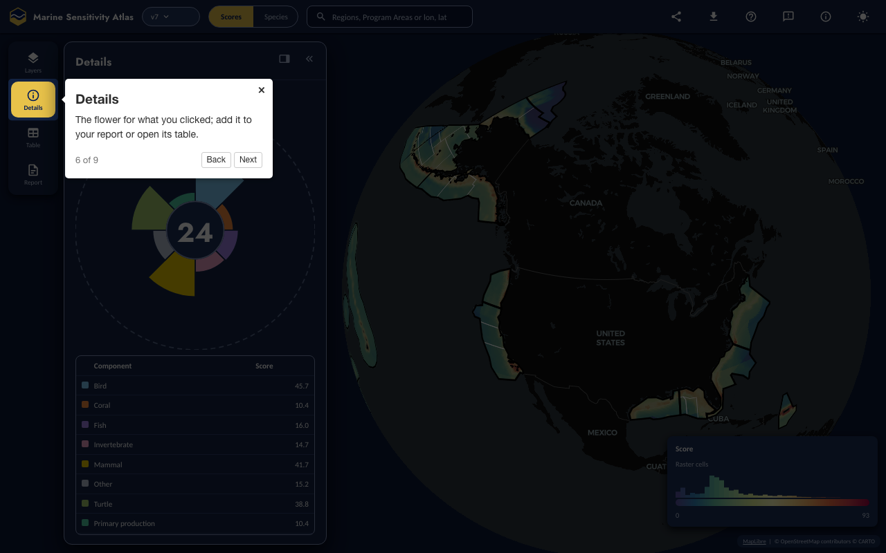 Step 6: Details — the Atlas with the control it describes highlighted and the tour popover open.