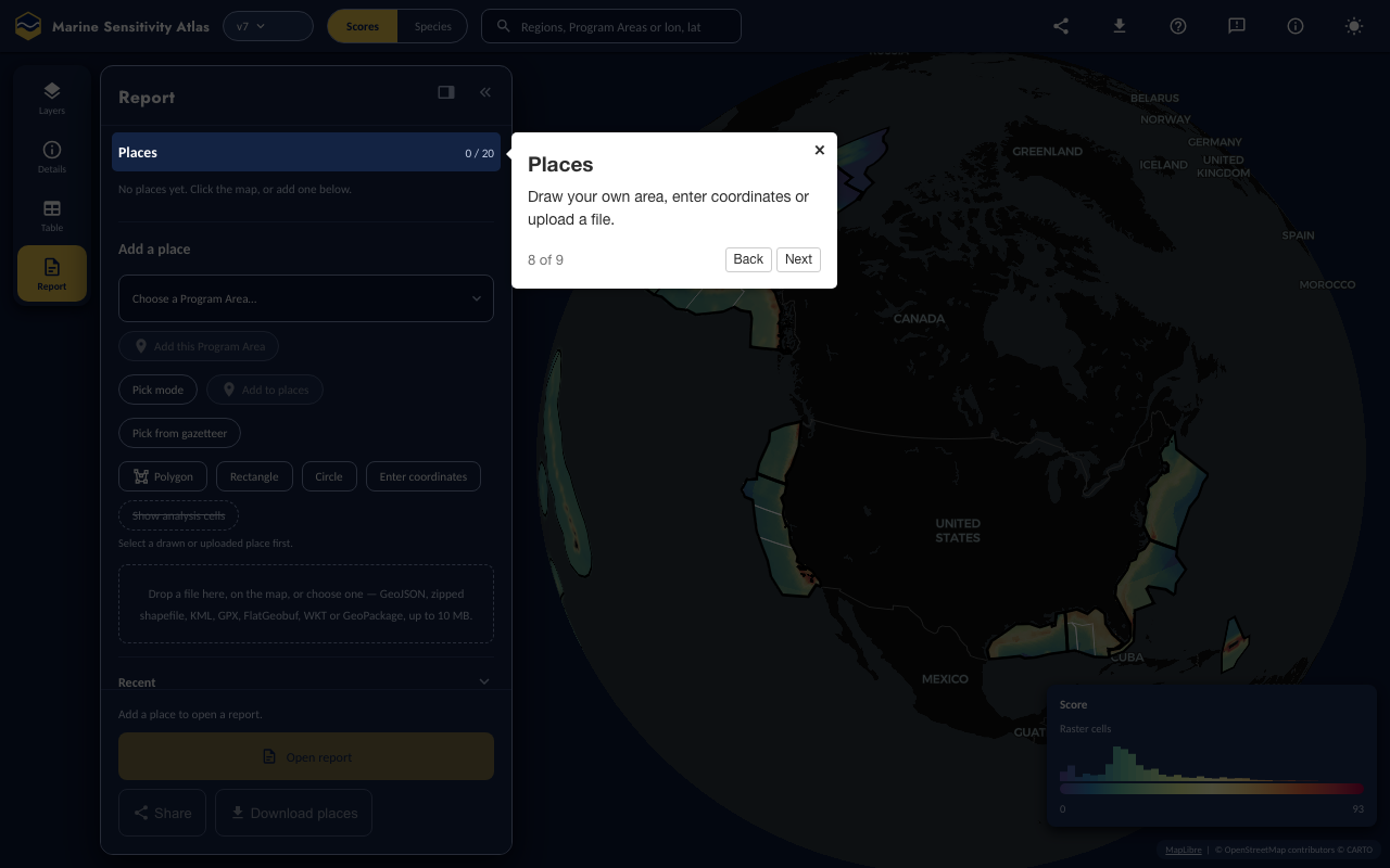 Step 8: Places — the Atlas with the control it describes highlighted and the tour popover open.