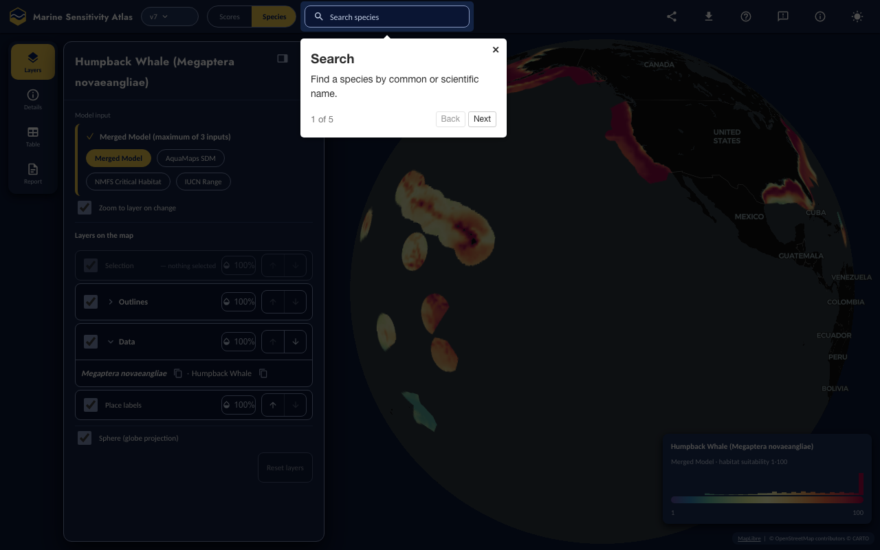 Step 1: Search — the Atlas with the control it describes highlighted and the tour popover open.