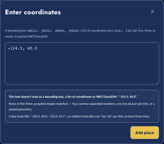 The Enter coordinates dialog with a single-point entry and a refusal message explaining what was expected instead.