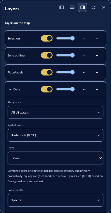 The Layers panel showing the layer stack: Selection, Zone outlines, Place labels (moved above Data), and Data expanded with study area, spatial units, layer and color palette controls.