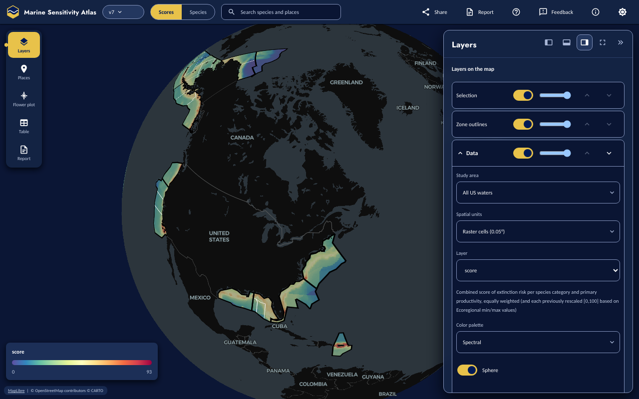 The Atlas Scores lens with the world map, a colored score raster over U.S. waters, the tool rail on the left and the Layers panel open on the right.