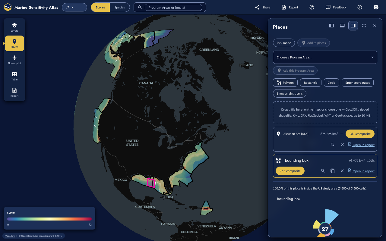 Desktop Places panel listing Aleutian Arc (ALA) at 28.3 composite and a typed bounding-box place at 27.1 composite with 100% coverage, the bounding box outlined in pink on the Gulf of Mexico map, and a file drop zone reading GeoJSON, zipped shapefile, KML, GPX, FlatGeobuf, WKT or GeoPackage, up to 10 MB.