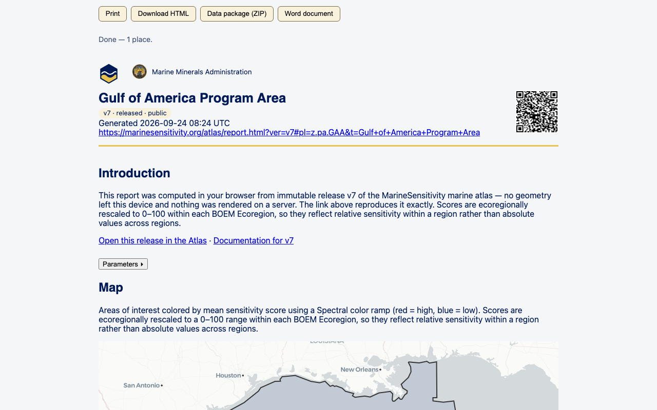 The report document: the Marine Minerals Administration seal and lockup, title, release chip, generation time, a real permalink and QR code, an introduction, a Parameters disclosure, and the start of the interactive map.