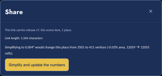 The Share dialog reading link length 1,564 characters, with the text: Simplifying to 0.004 degrees would change this place from 3501 to 411 vertices (-0.03% area, 12059 to 12055 cells), and a Simplify and update the numbers button.
