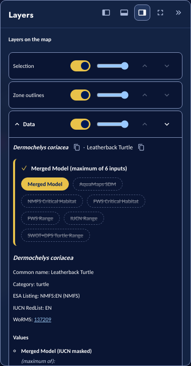 The Species lens card for the leatherback turtle: a Merged Model pill and six struck-through input pills, with the species' ESA, IUCN and WoRMS panel below.