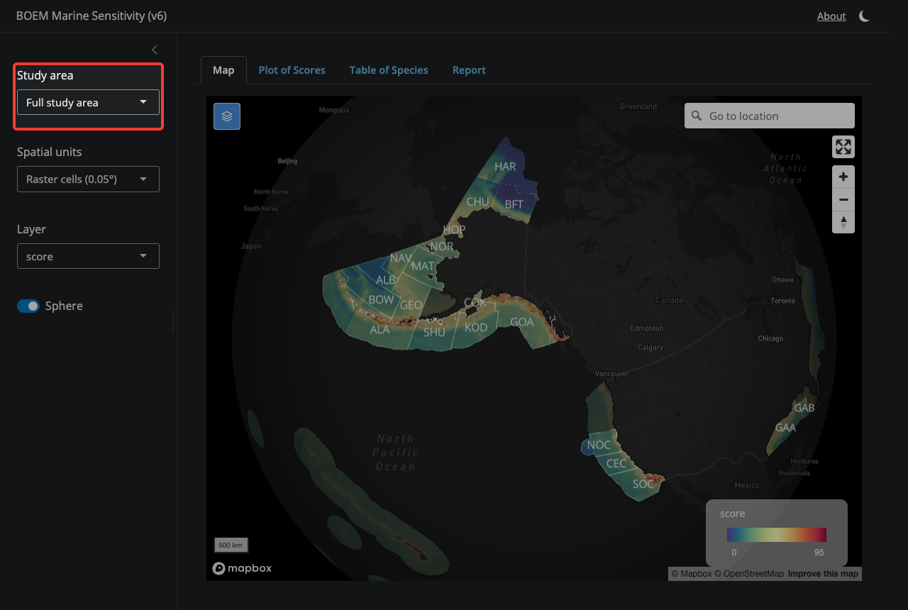 Pick a region to focus on. 'Full study area' shows all US federal waters from the Aleutians to the Caribbean and out to the Pacific Island Territories. The other choices zoom into a single subregion.