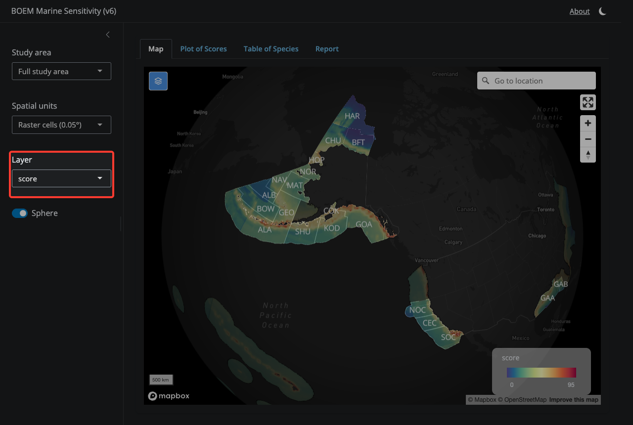 Choose which sensitivity metric to display — composite score, individual species categories (bird, fish, mammal, etc.), or primary productivity. Note that some cells (Atlantic, Gulf of America, Hawaii, Puerto Rico, Pacific Islands) have scores but lie outside any v6 BOEM Program Area; they appear dimmed under a 'Cells outside Program Areas' overlay.