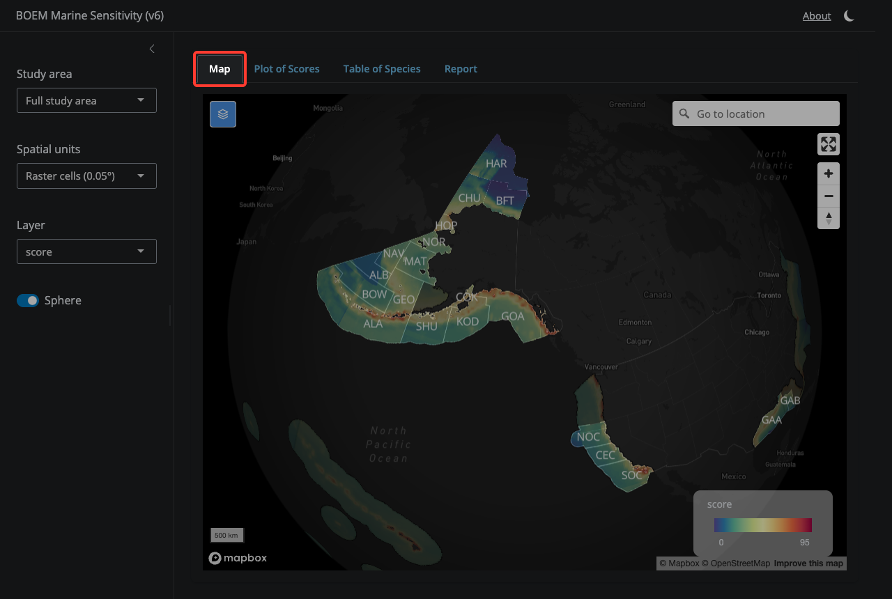The Map tab is where you explore scores spatially — click cells or click Program Areas to see their scores.