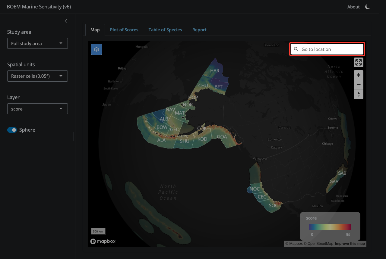 Search for a place name and the map will fly there — useful for jumping to a specific Program Area, port, or feature.