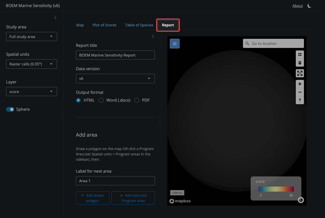 Generate a sensitivity report for one or more custom areas. Build up a list of labeled areas by drawing a polygon on the map (using the polygon tool) and/or by selecting a Program Area, then clicking 'Add' for each. Set a title, data version, and output format (HTML, Word, or PDF), then click 'Generate report'.
