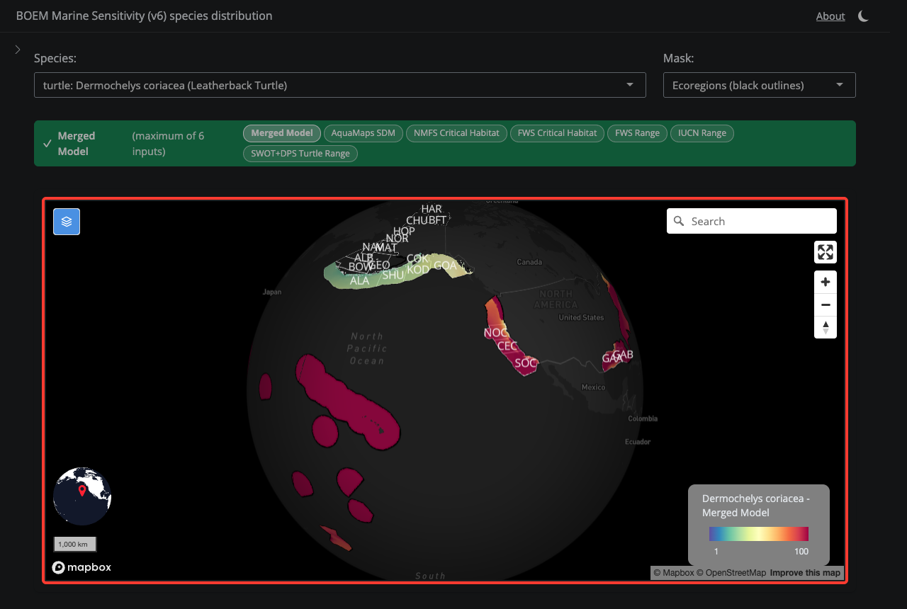 The map shows the species distribution model. Cell values range from 1 (low sensitivity) to 100 (high sensitivity). Click cells for details.