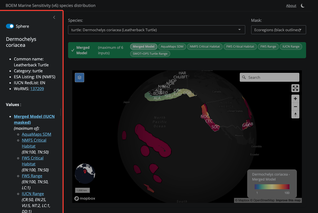 Open the sidebar to see ESA listing, IUCN status, MMPA/MBTA flags, and extinction risk score for the selected species.