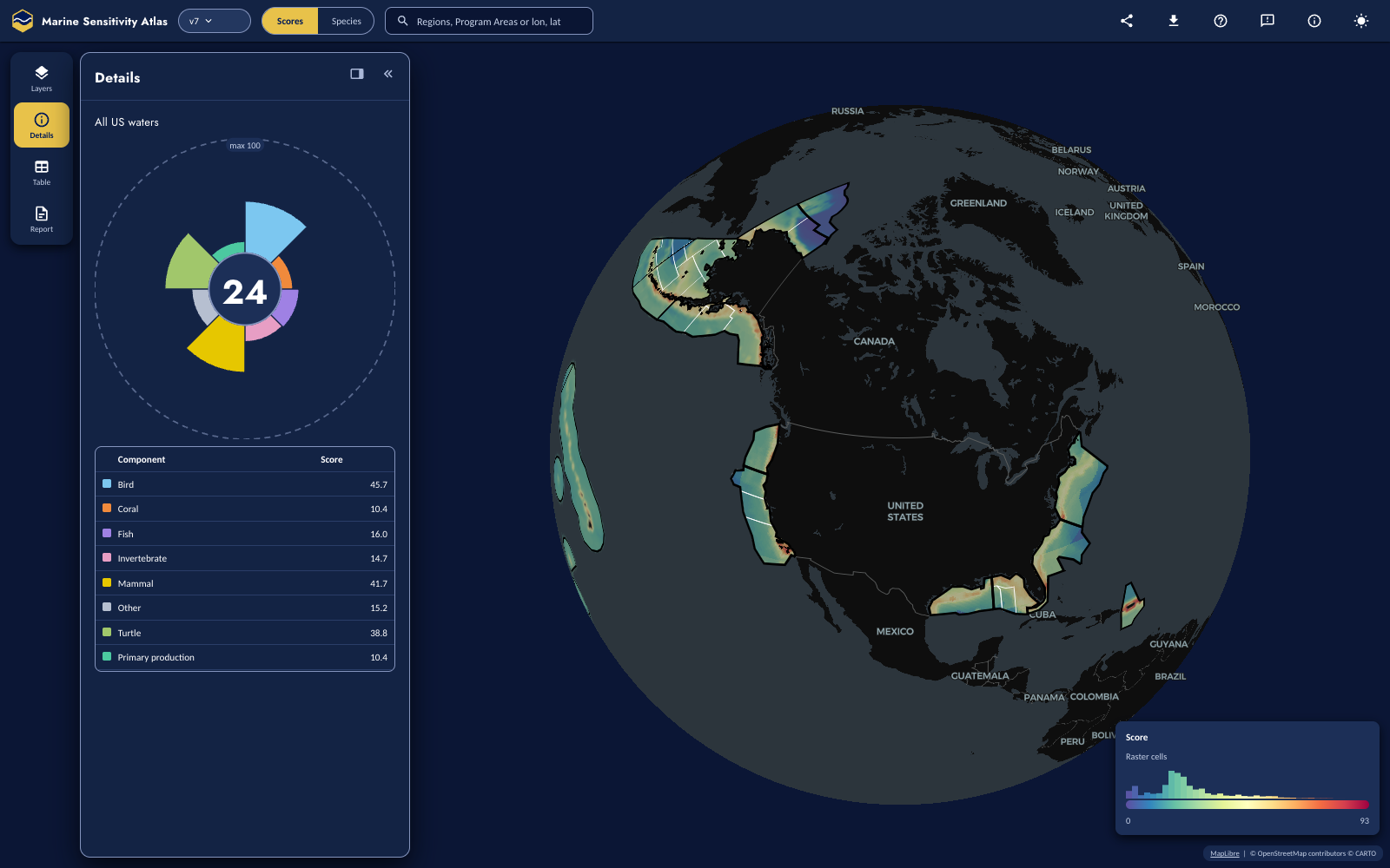The Marine Sensitivity Atlas: the Details panel open on All US waters, with a flower plot of the component scores around a composite of 24 and the table of component scores (bird 45.7, mammal 41.7, turtle 38.8 and others), beside a globe centred on North America with composite sensitivity scores along the US coasts, Alaska, the Gulf of America and Puerto Rico.