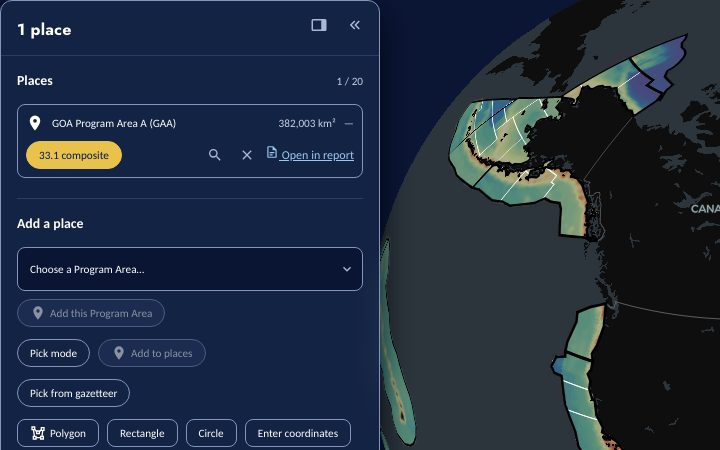 The Atlas Report panel with Gulf of America Program Area A (GAA) added as a place and its 33.1 composite score shown, above the Add a place controls.