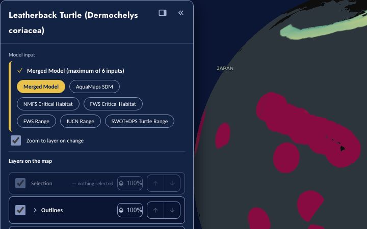 The Atlas Species view for the leatherback turtle, listing its model inputs beside its merged distribution.